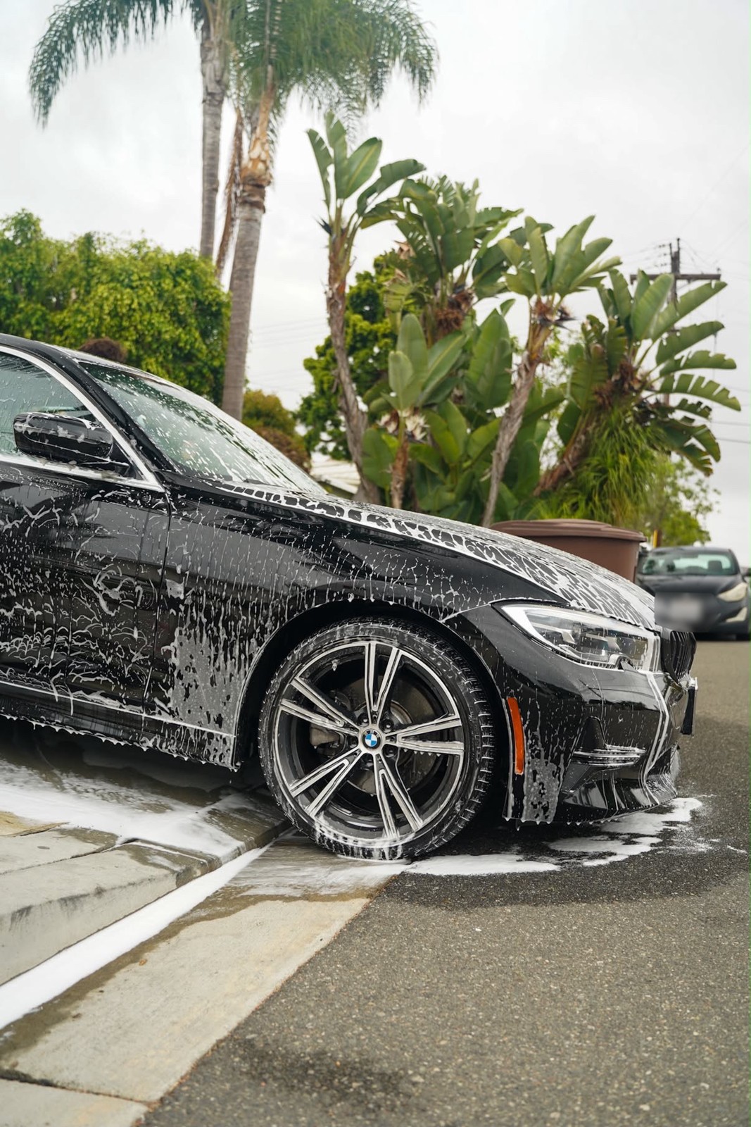 BMW foam wash with detailed wheels, side view