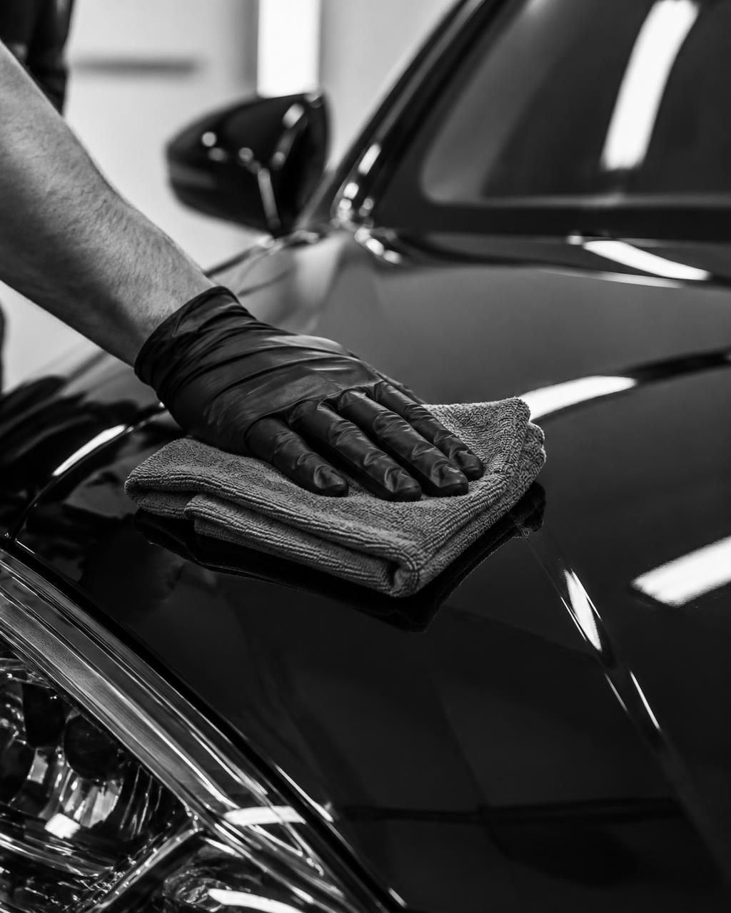 Gloved hand wiping a glossy black car hood with a microfiber towel