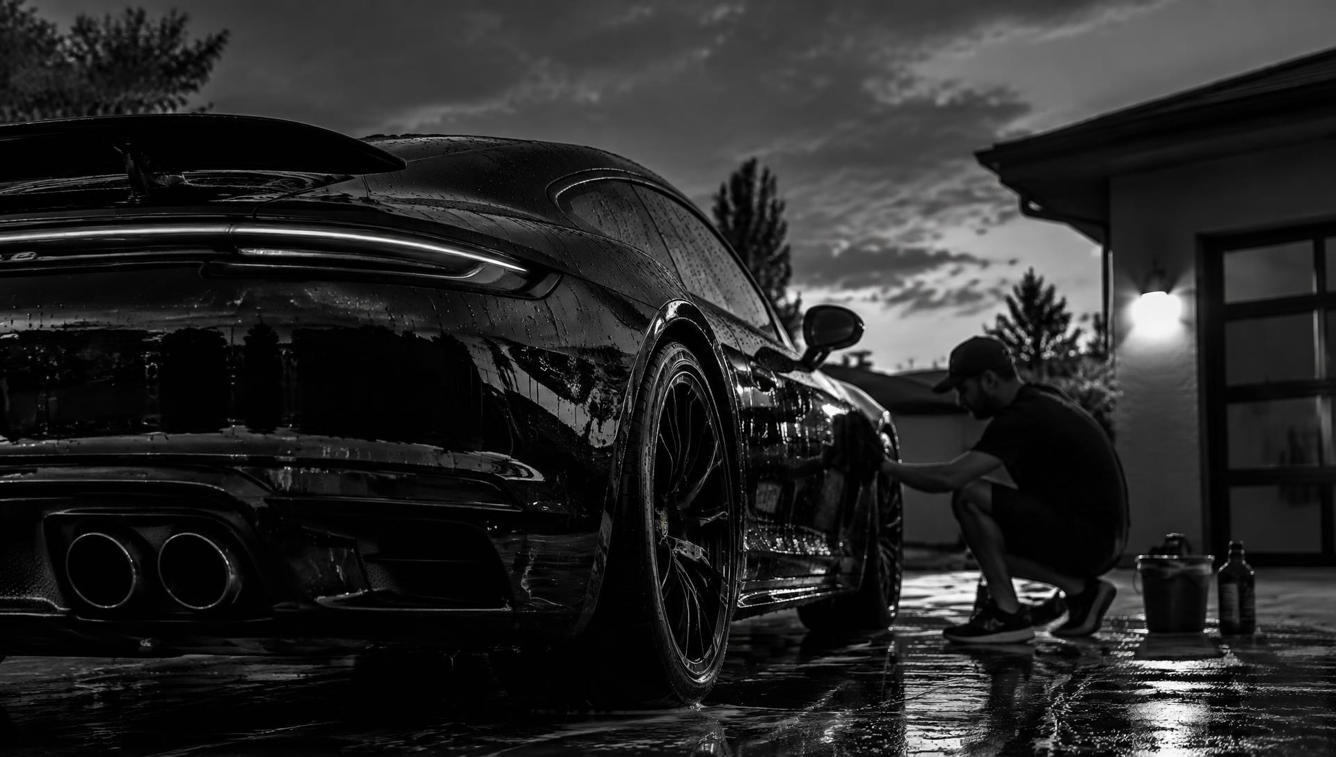 Detailer hand-washing a black sports car in a driveway